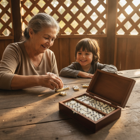 Juego domino familiar abuela niño mesa quincho chileno