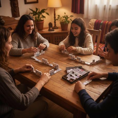 Familia jugando domino doble 12 mesa living hogar chileno