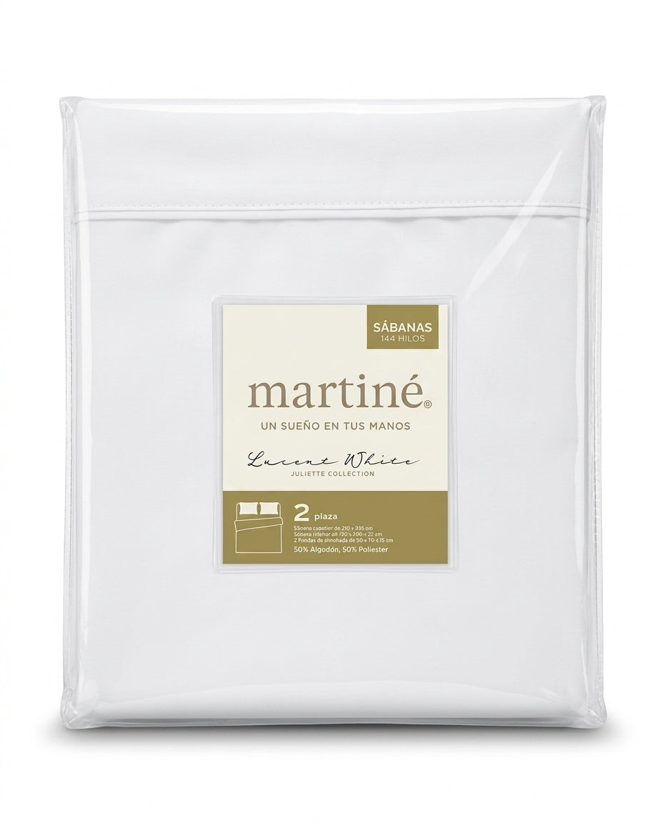 Juego sábanas 2 plazas Martiné blanco 144 hilos vista frontal empaque