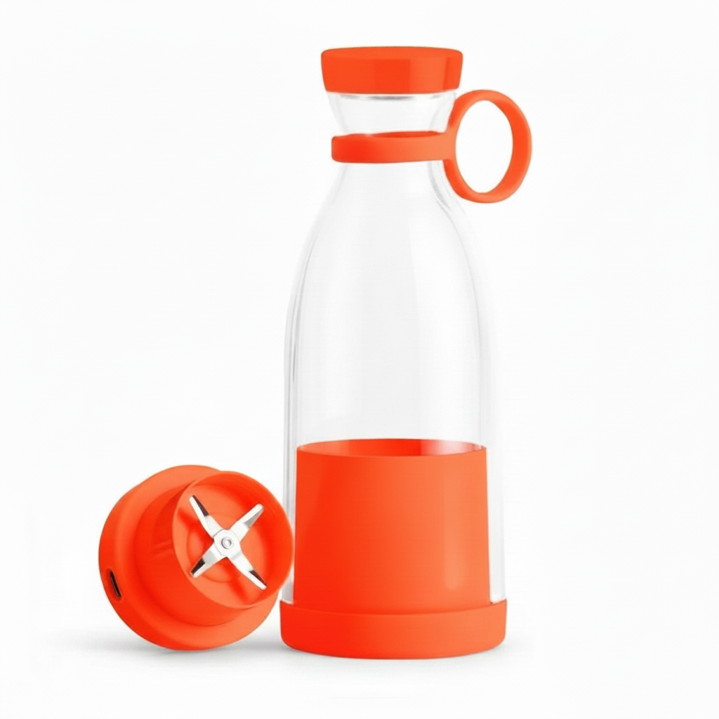 Juguera portatil botella USB 420ml naranja 6 cuchillas vista frontal fondo blanco