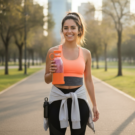Juguera portatil smoothie mujer deportiva usando botella licuadora USB al aire libre