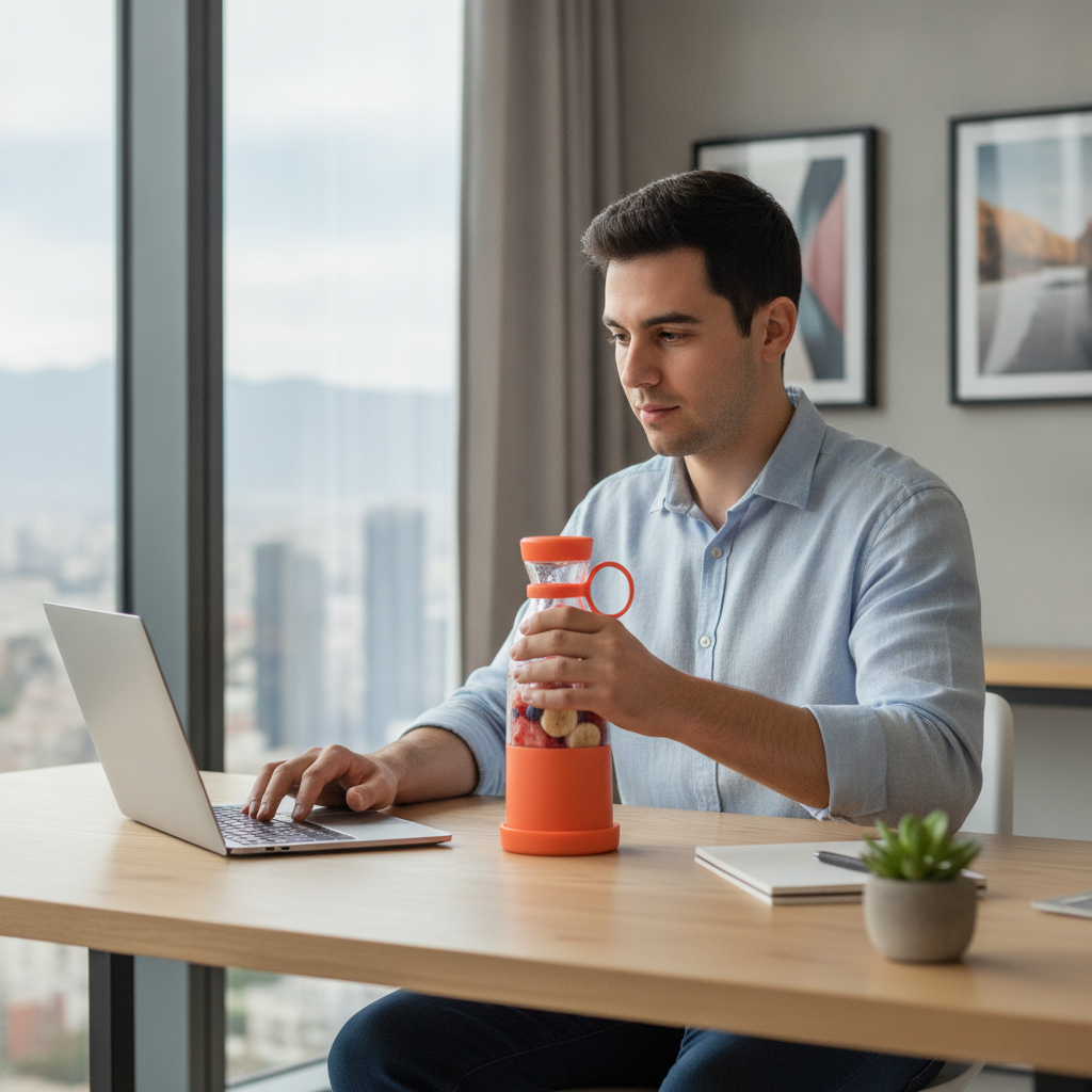 Juguera botella USB hombre preparando smoothie en oficina Santiago uso diario
