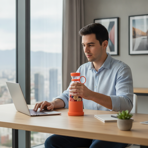 Juguera botella USB hombre preparando smoothie en oficina Santiago uso diario