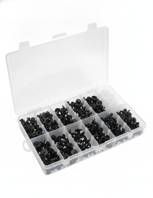 Kit 350 clips plásticos automotrices caja organizadora 12 compartimentos vista frontal