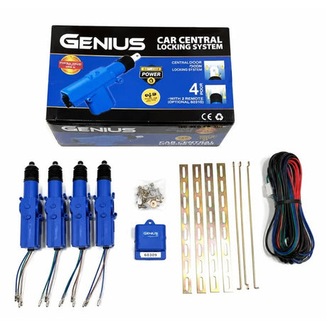 Kit cierre centralizado Genius 4 puertas 12V actuadores modulo cableado vista frontal
