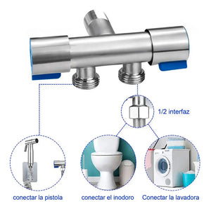 Mano usando rociador bidet inoxidable gris con manguera espiral extendida