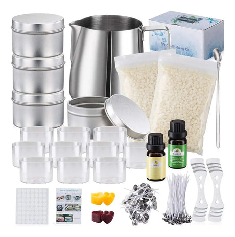 Kit fabricación velas DIY 153 piezas cera soya mechas aceites fondo blanco
