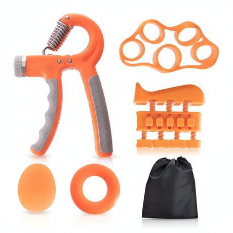 Kit fortalecedor manos 5 piezas naranja ajustable vista completa fondo blanco