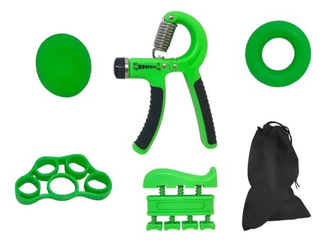 Kit fortalecedor manos 5 piezas verde ajustable con bolso vista frontal completa