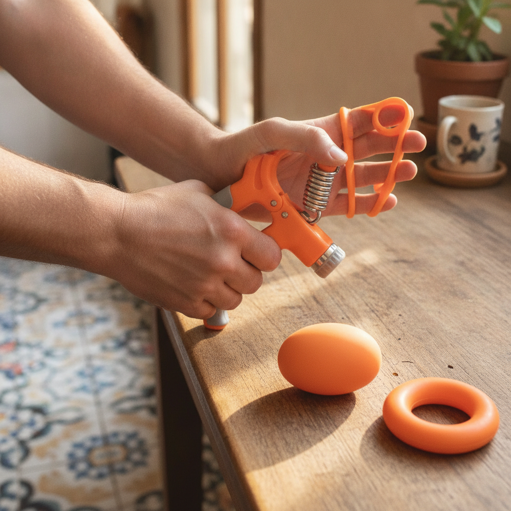 Kit ejercitador dedos y manos naranja sobre mesa cocina chilena uso real