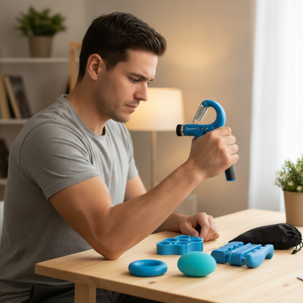Hombre chileno usando fortalecedor agarre ajustable manos en casa