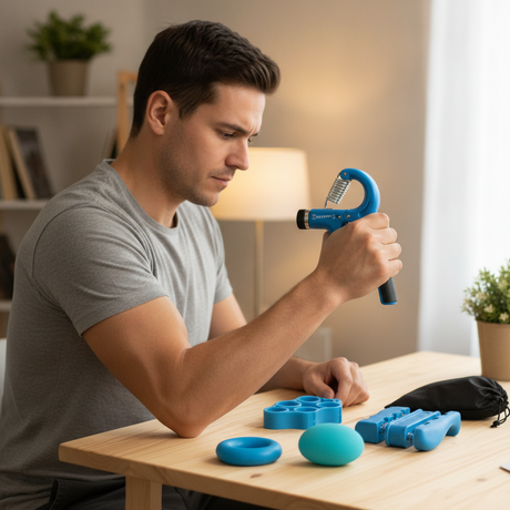 Hombre chileno usando fortalecedor agarre ajustable manos en casa