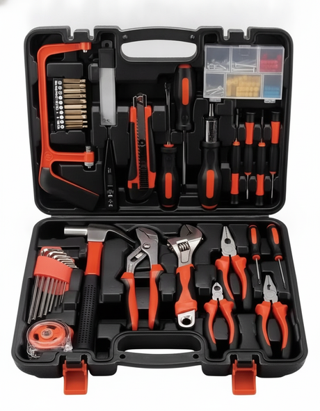 Caja herramientas manuales 100 piezas maletín portátil naranja negro vista frontal abierta