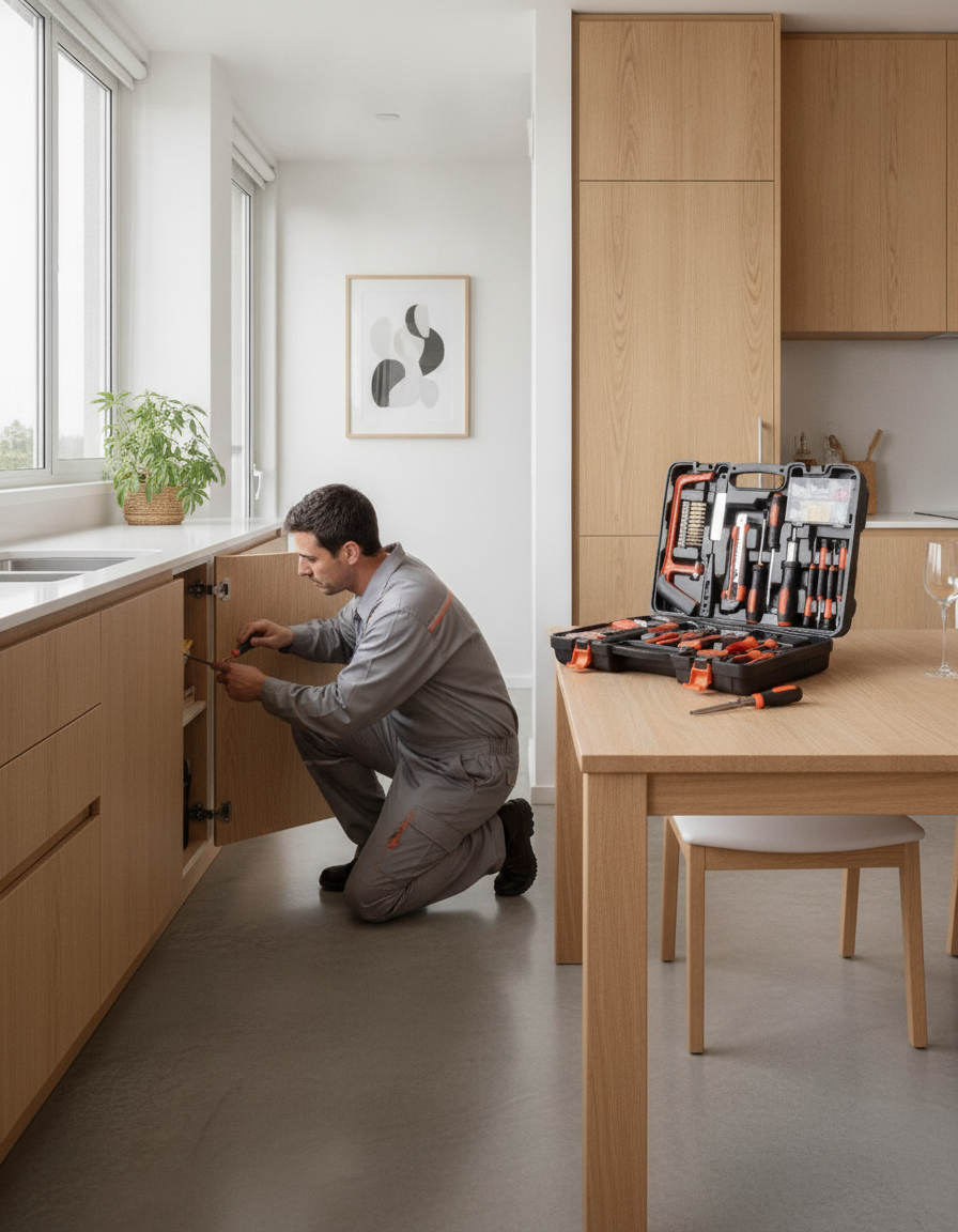 Hombre usando llave ajustable set herramientas manuales reparación baño hogar Chile