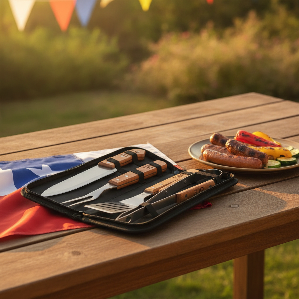 Kit BBQ estuche Fiestas Patrias terraza chilena utensilios madera