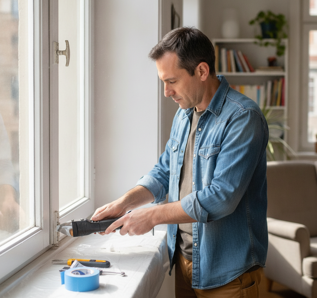 Hombre removiendo silicona ventana hogar con herramienta 3en1