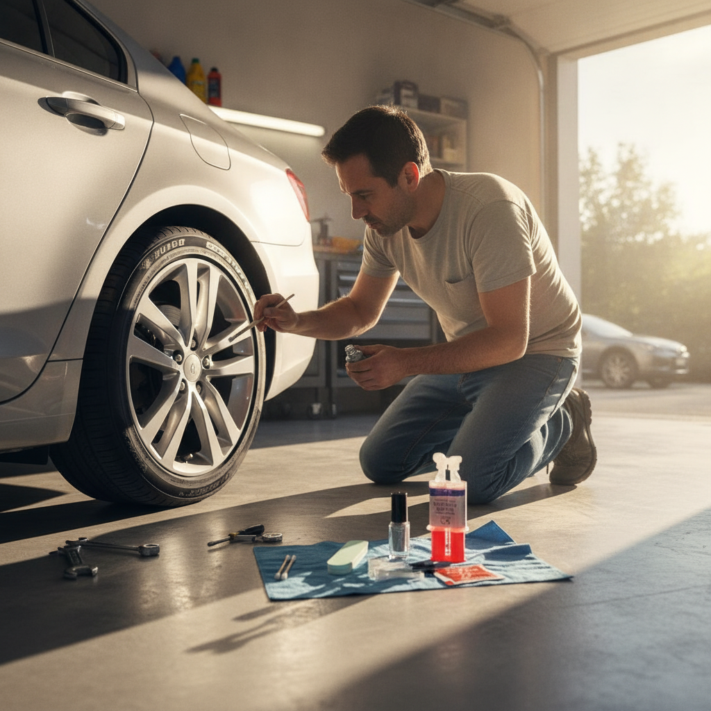 Hombre chileno reparando rayones rin aluminio auto con kit restauración DIY en garage