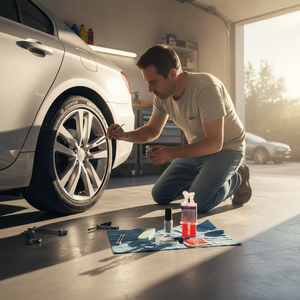 Hombre chileno reparando rayones rin aluminio auto con kit restauración DIY en garage