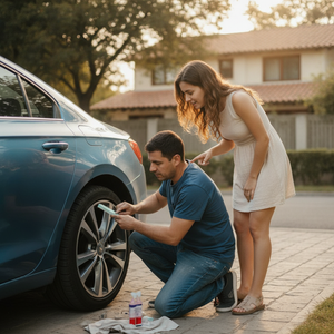 Pareja chilena restaurando llanta rayada auto con kit reparación rines en casa