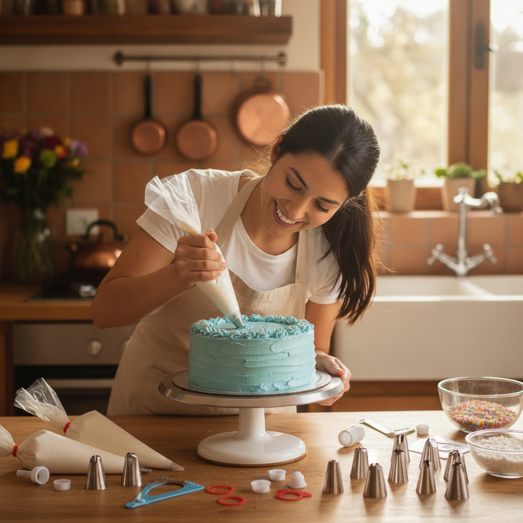 Madre e hija decorando cupcakes con boquillas acero inox mangas pasteleras cocina