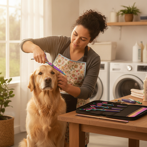 Tijera curva peluquería canina usada para recortar orejas de Golden Retriever en casa