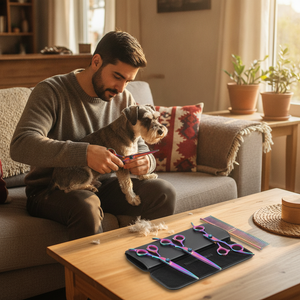 Kit tijeras caninas arcoíris en estuche negro sobre mesa living hogar chileno
