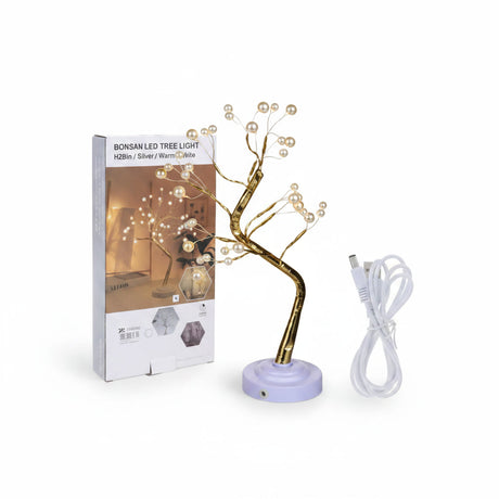 Lampara arbol bonsai 36 LED USB dorada perlas velador decoracion fondo blanco