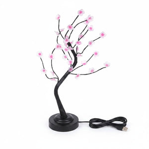 Lampara arbol bonsai 36 LED USB flores rosadas fondo blanco vista frontal