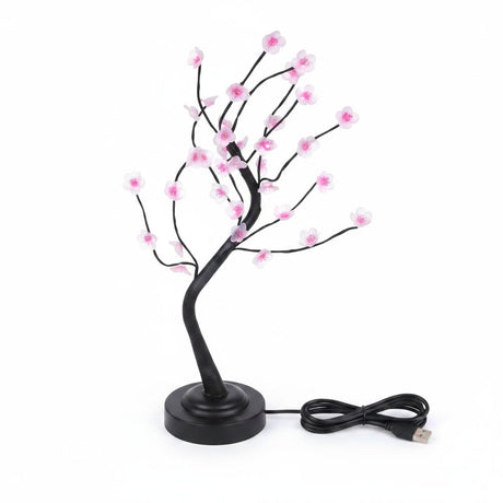 Lampara arbol bonsai 36 LED USB flores rosadas fondo blanco vista frontal