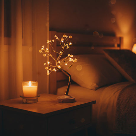 Lampara bonsai LED dorada velador dormitorio chileno noche luz calida