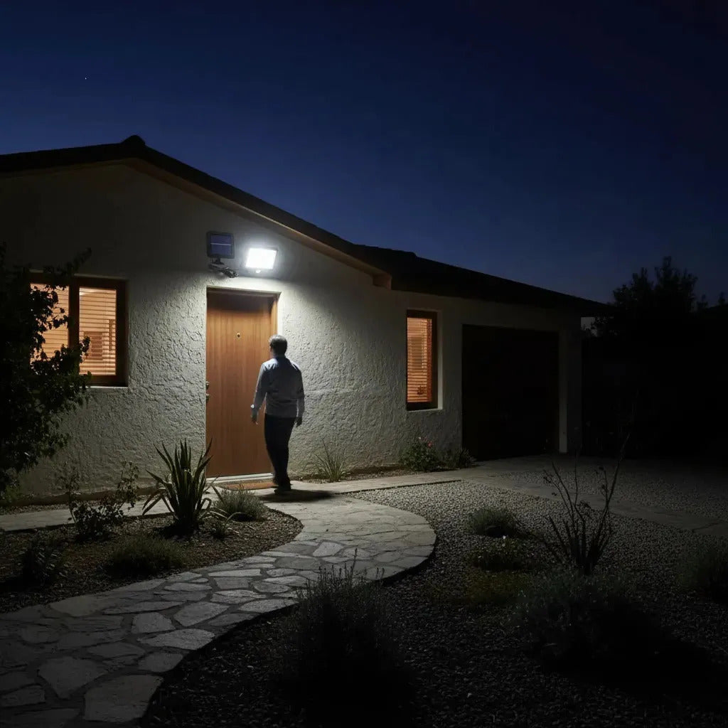 Lámpara solar exterior jardín chileno montada en muro luz fría atardecer