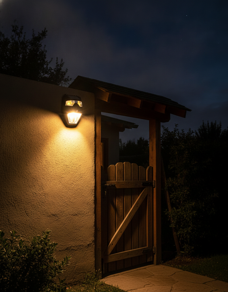Foco solar exterior montado en portón quincho chileno iluminación nocturna