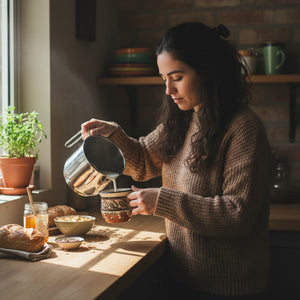 Mujer sirviendo leche caliente lechero Wens cocina hogar