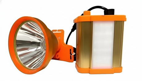 Linterna cabeza LED recargable naranja set foco farol vista frontal fondo blanco