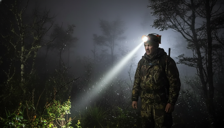 Linterna caza nocturna LED naranja bosque chileno patagonia haz de luz