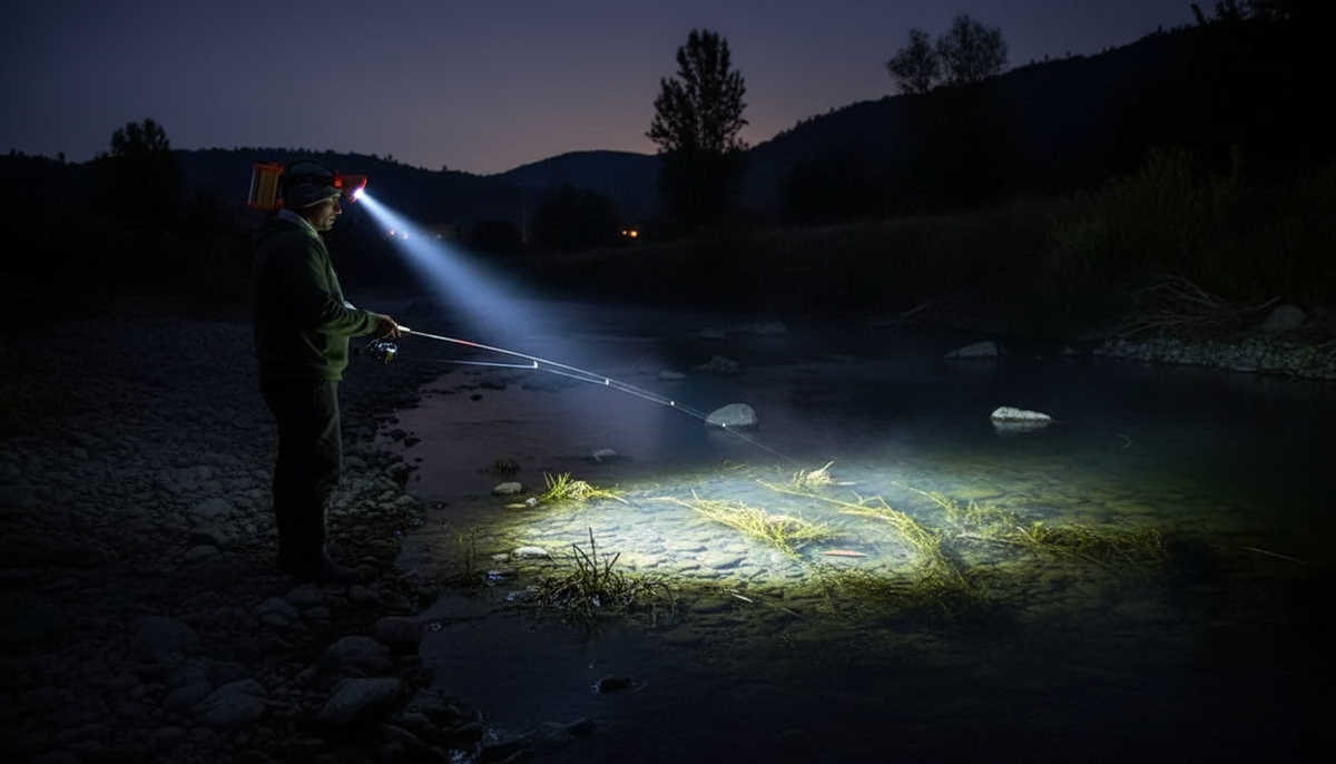Pescador chileno usando linterna cabeza LED naranja orilla rio nocturno