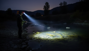 Pescador chileno usando linterna cabeza LED naranja orilla rio nocturno