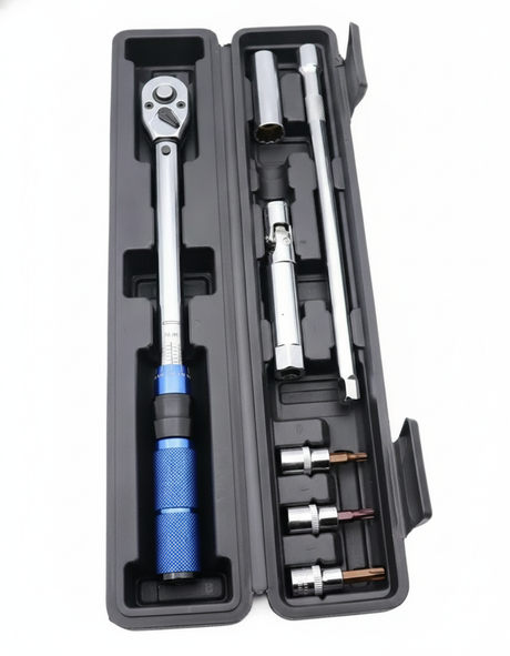 Llave dinamométrica 3/8 kit completo estuche rígido mango azul vista frontal