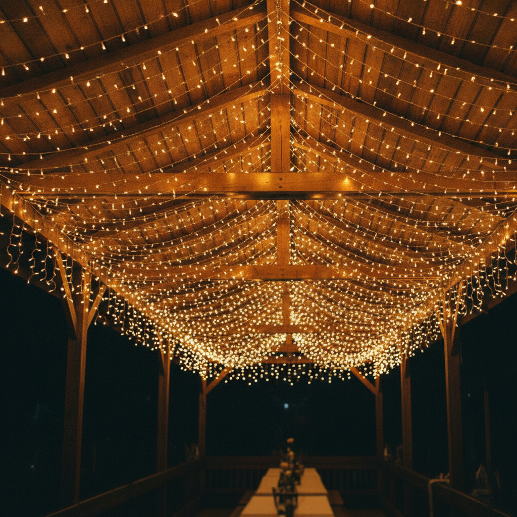 Guirnalda luces solares cascada decorando quincho chileno Fiestas Patrias