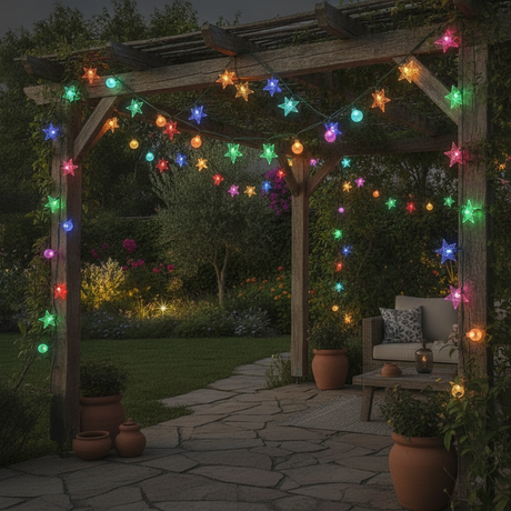 Luces guirnalda solar exterior terraza chilena navidad estrellas esferas coloridas