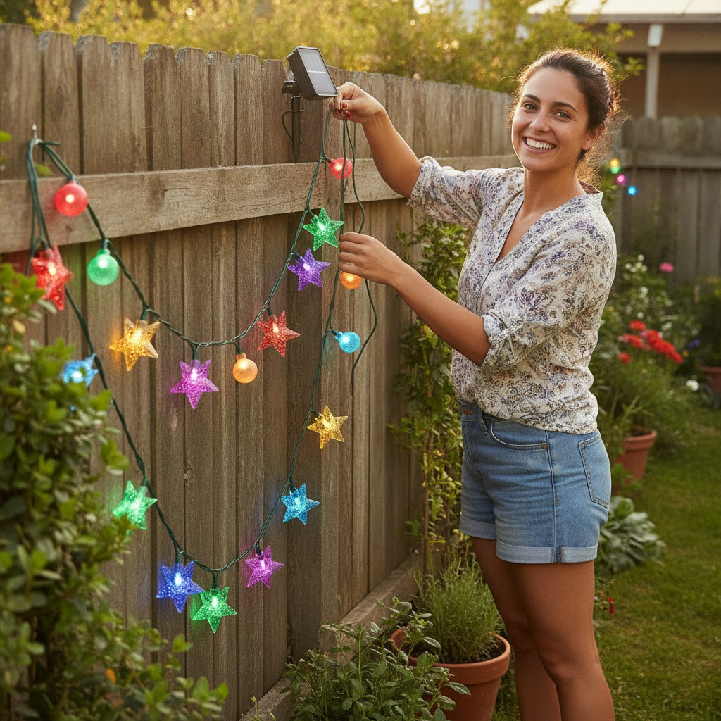Mujer instalando guirnalda solar navideña estrellas esferas jardin hogar chileno