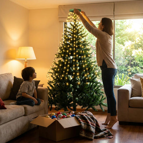 Árbol navideño con luces cascada USB cálidas conectadas a batería externa living chileno