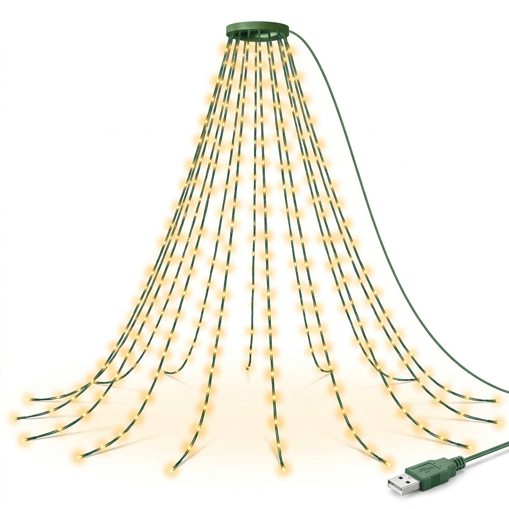Luces navidad cascada 160 LED cobertura uniforme árbol decorado ornamentos rojos dorados