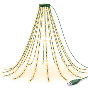 Luces navidad cascada 160 LED cobertura uniforme árbol decorado ornamentos rojos dorados