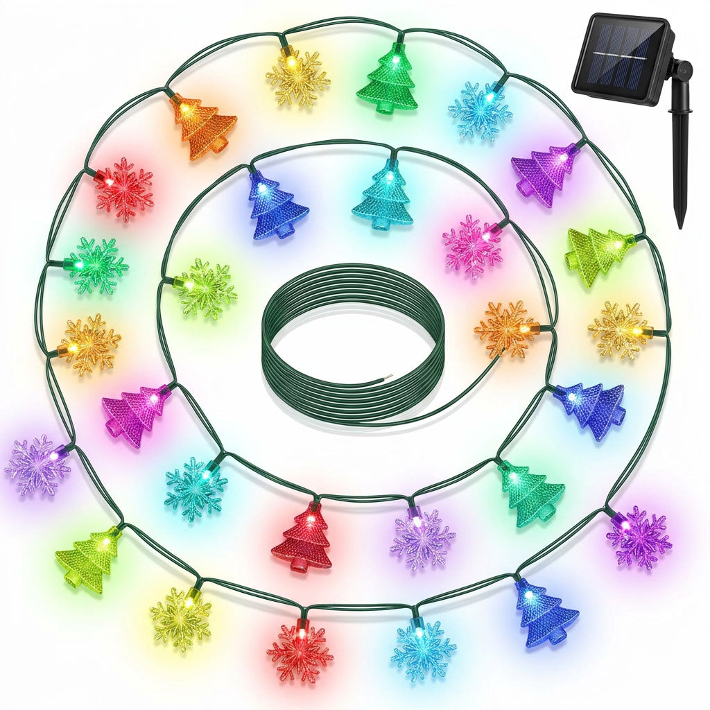 Guirnalda solar navidad 20 LED copos arbolitos RGB multicolor vista frontal
