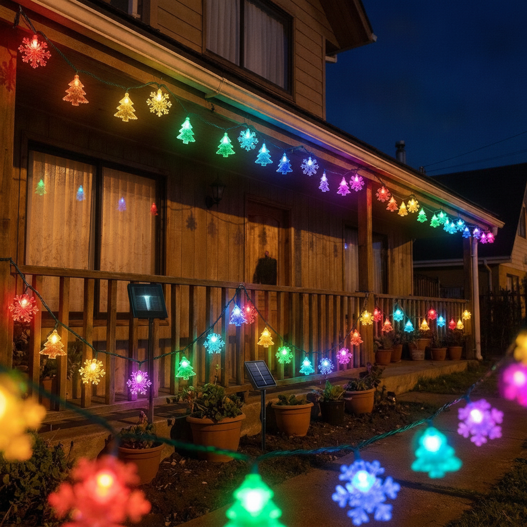 Luces navidad solares exterior decorando terraza casa chilena nocturna