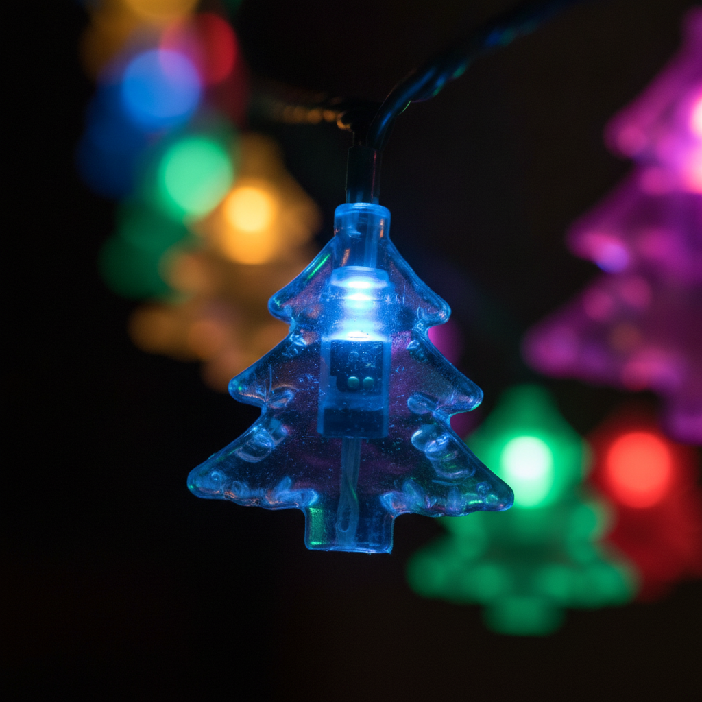 Detalle macro luces LED copos nieve arbolitos navidad multicolor acrilico