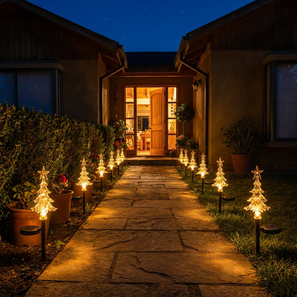 Luces navideñas solares arbolitos LED jardín sendero camino entrada hogar chileno