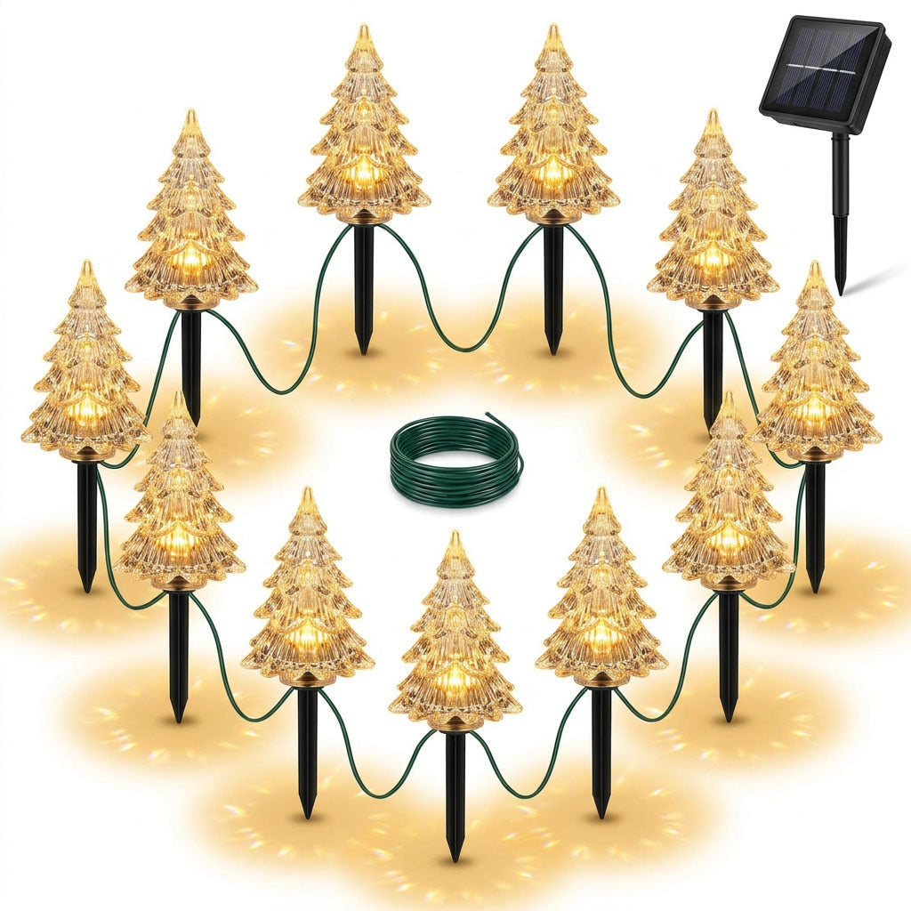 Estacas solares arbolitos navidad terraza chilena luz cálida dorada noche