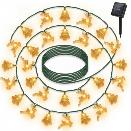 Guirnalda solar navidad 20 LED renos arbolitos dorados vista frontal producto